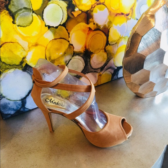 Modesta Ann High Heels-Camel Faux Suede-Open toe - Picture 2 of 8